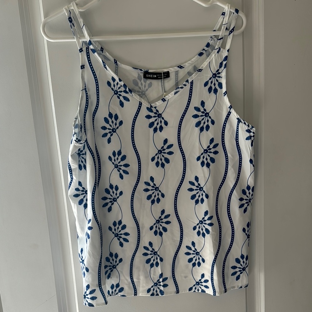 SHEIN White and Blue Floral Women's Top